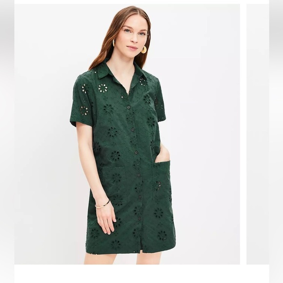 LOFT Dresses & Skirts - Loft Green Eyelet pocket Shirt Dress size 0